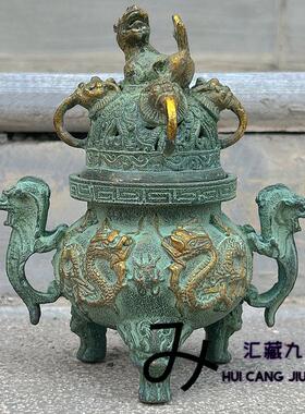 复古纯铜鎏金古玩大明宣德双龙鼎双耳铜香炉香薰炉青铜器摆件收藏