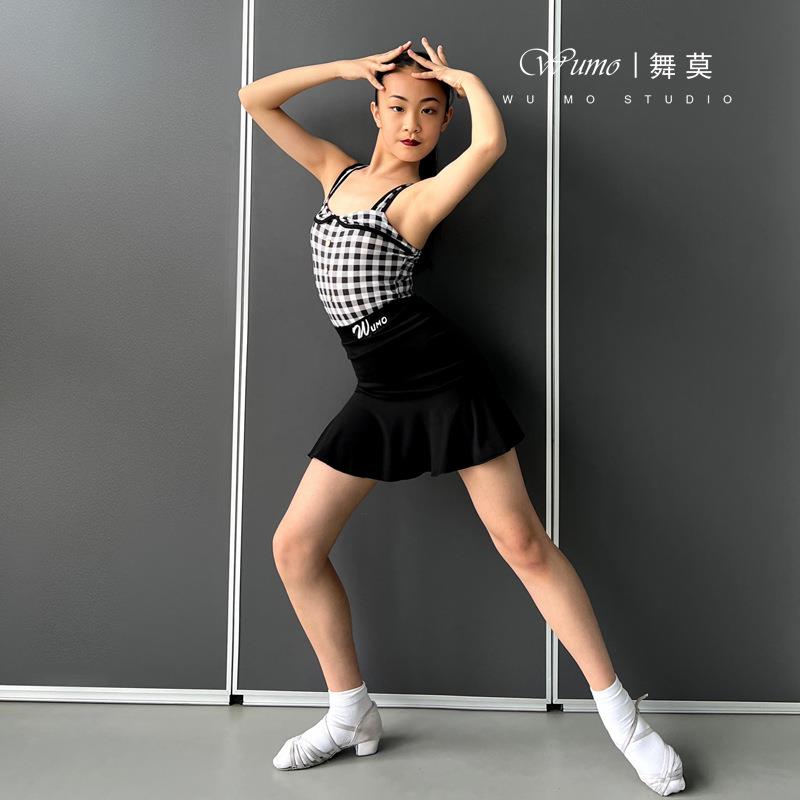 舞莫舞服拉丁舞裙新款吊带格子时髦儿童夏季分体学院风练功服女童