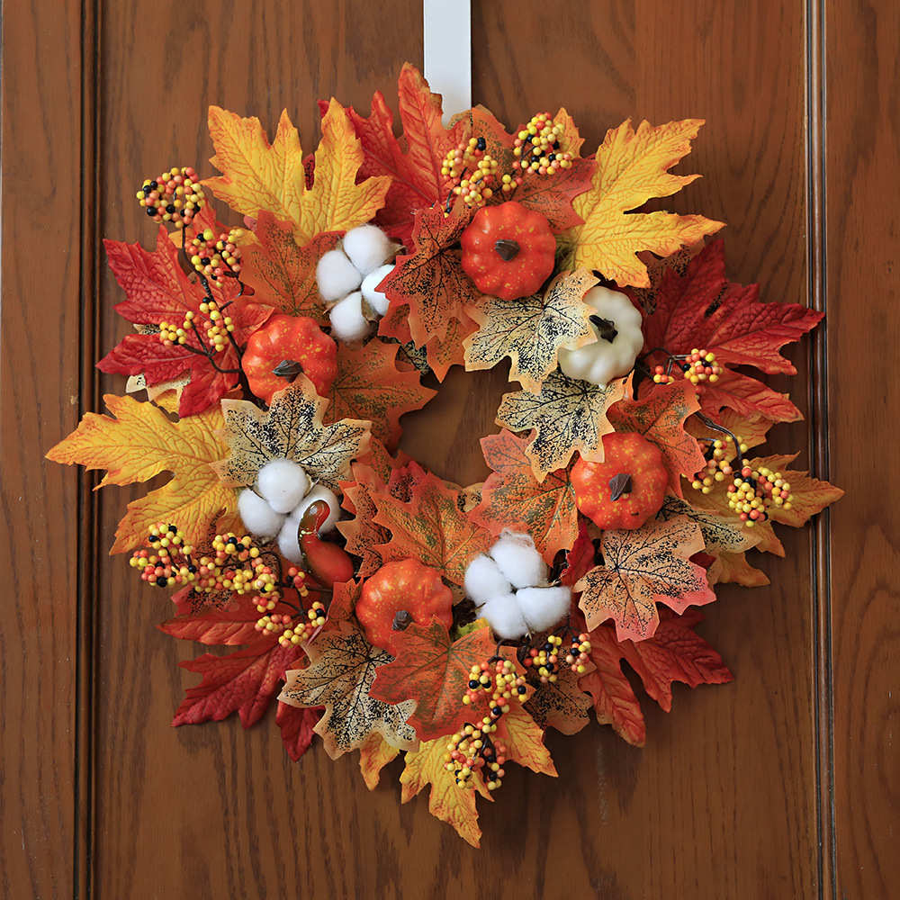 婷芷欧美枫叶南瓜装饰品花环丰收感恩节商场家居壁挂仿真植物门饰