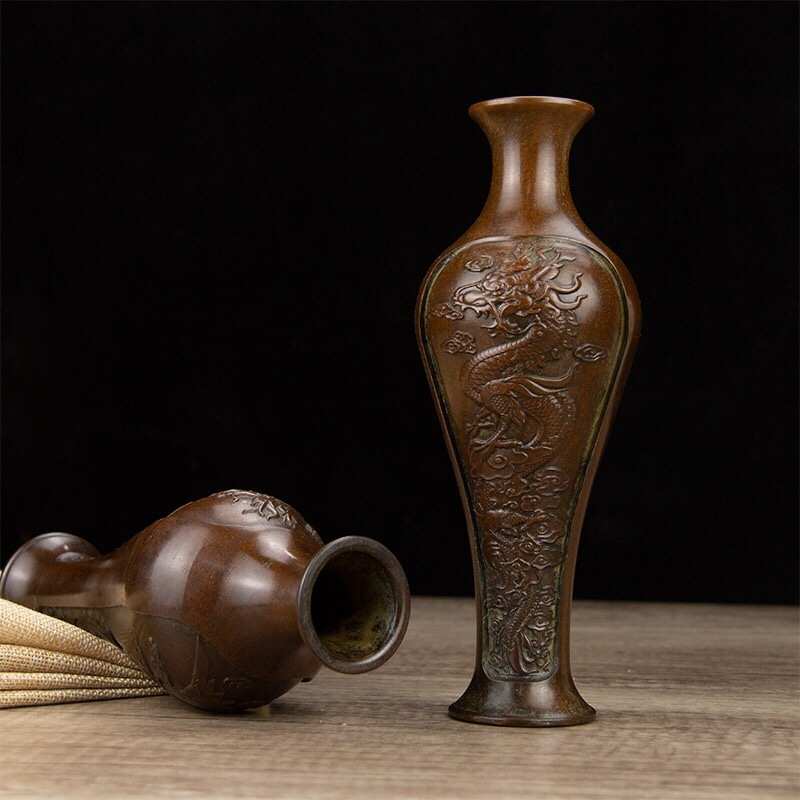 家居收藏摆件紫铜色凤纹装饰品桌面龙旧一对龙凤花瓶复古花瓶做铜