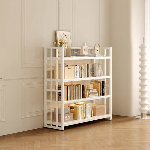 奶油风钢制书柜儿童书架客厅收纳铁艺展示架子置物架落地一体靠墙