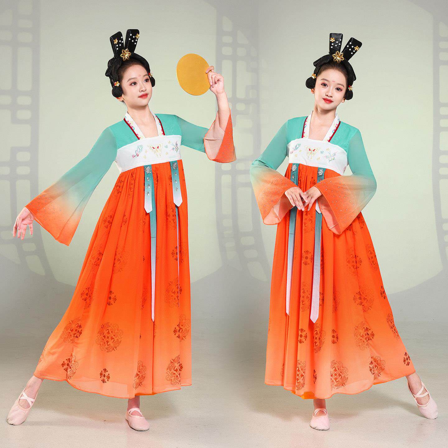 新款儿童执镜佣演出服汉唐装表演服女童执镜俑襦裙中国古典风服饰