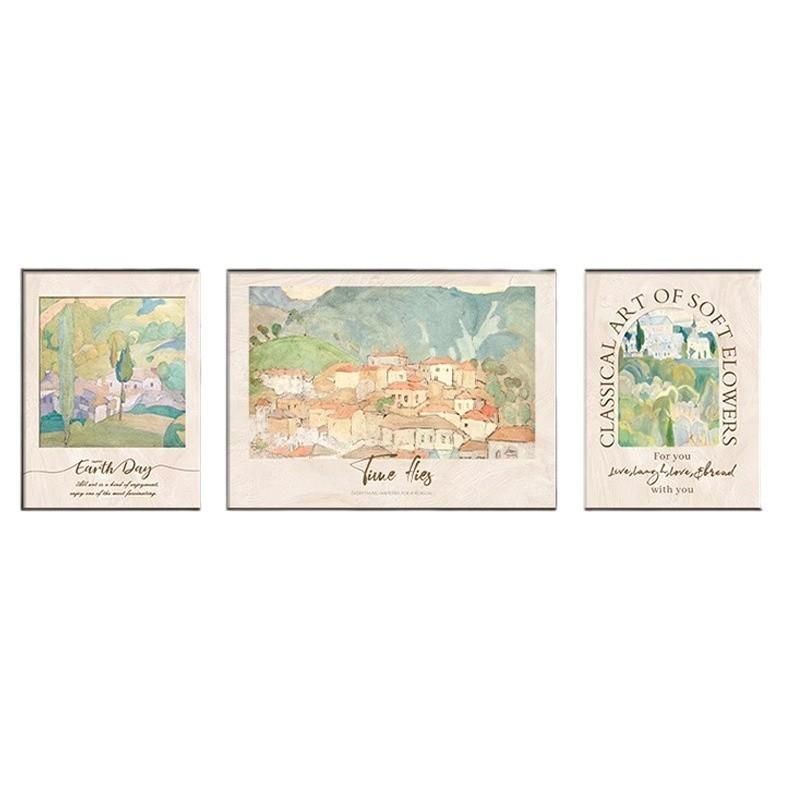 北欧田园风莫奈客厅装饰画法式奶油风景三联画名画沙发背景墙挂画
