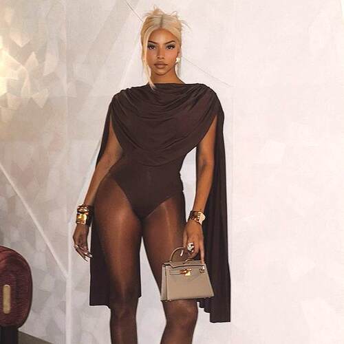 Elegant Coffee Color CapeStyle Jumpsuit High Stretch Design