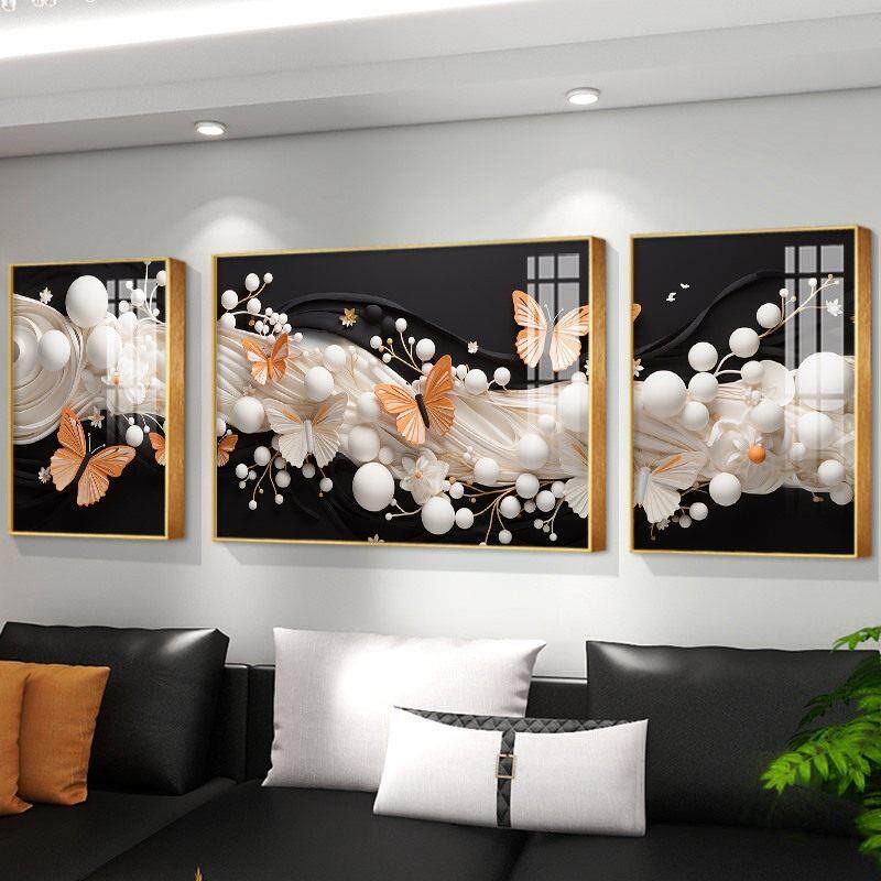 现代简约客厅沙发背景墙装饰画新款高档三联抽象画电视墙蝴蝶壁画