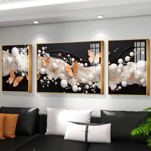 现代简约客厅沙发背景墙装饰画新款高档三联抽象画电视墙蝴蝶壁画