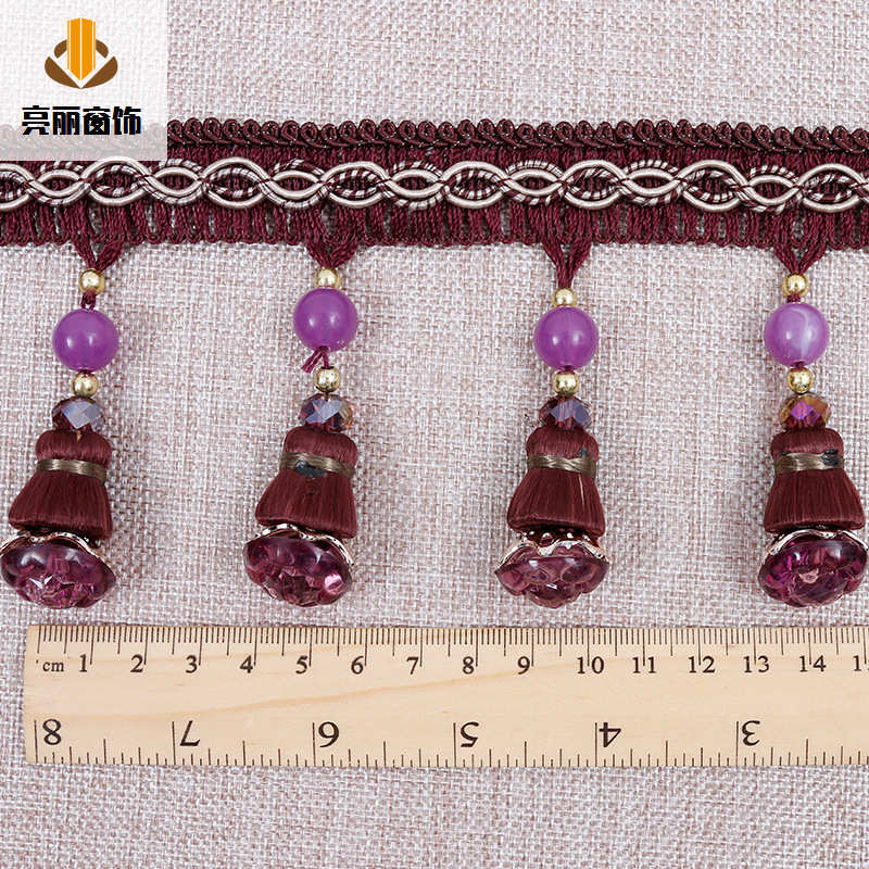 现货批发新款窗帘花边喇叭木珠子水晶挂钩吊穗流苏小木珠窗帘装饰