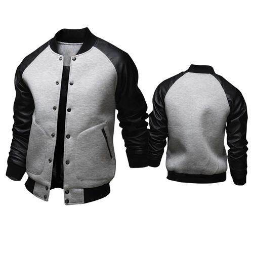 Large pocket patchwork sleeves men's baseball jacket stand