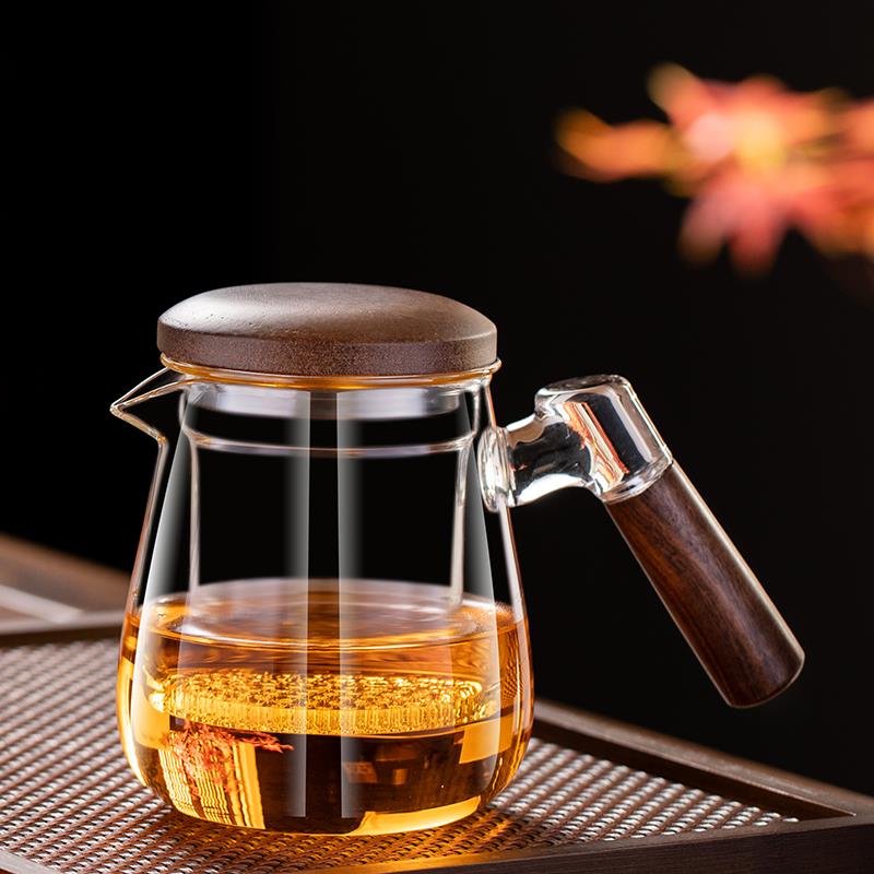 加厚全玻璃内胆泡茶壶胡桃木把茶水分离过滤办公室家用花茶煮茶壶