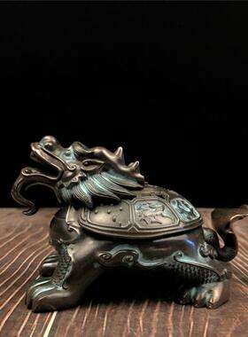 黄铜彩蓝龙龟香炉香薰炉黄铜香炉摆件办公室摆饰家居工艺品送锦盒
