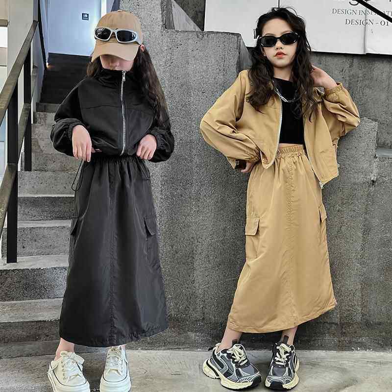 女童工装裙套装春秋装时尚儿童休闲套裙中大童洋气拉链开衫半身裙