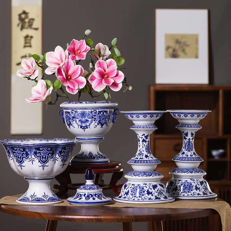 中国风青花瓷果盘烛台陶瓷水果干果供果盘客厅餐馆中式菜盘装饰品