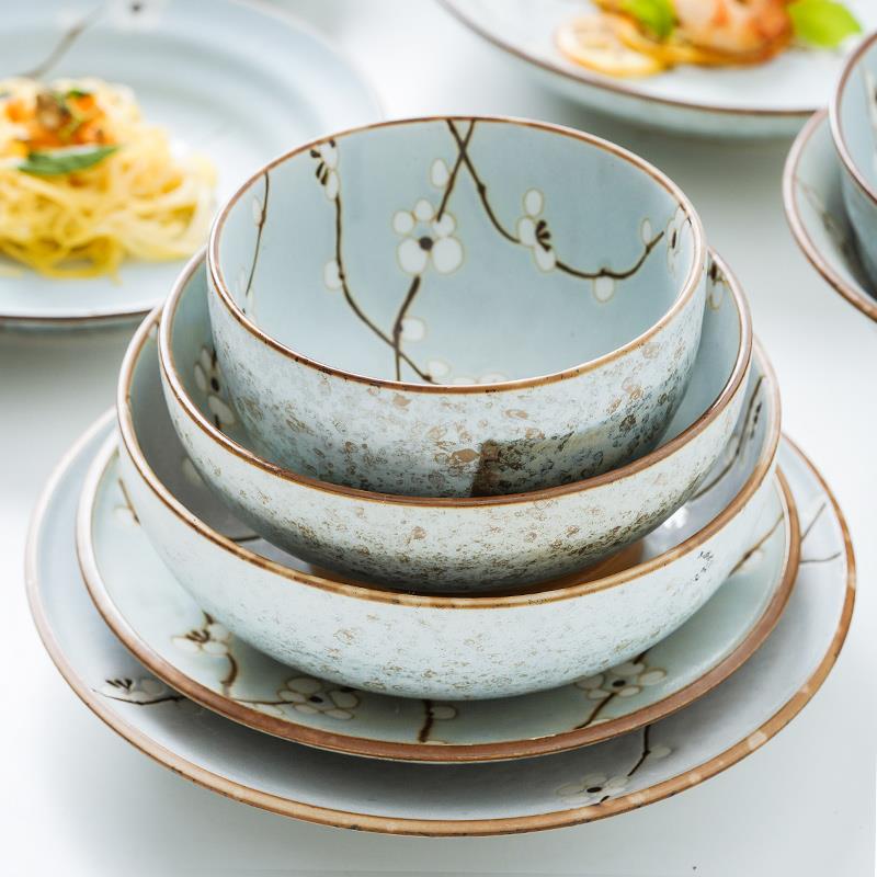 日本进口美浓烧陶瓷碗 日式蓝梅汤饭碗 植物花卉图案餐具盘