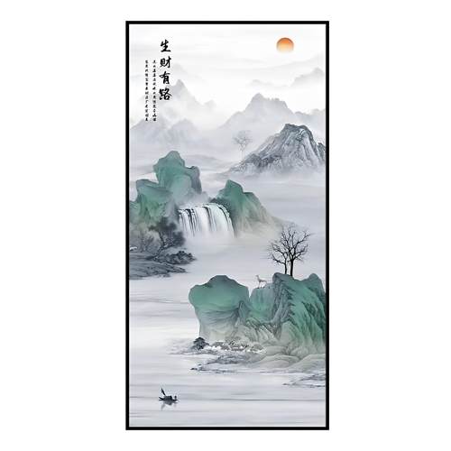 新中式山水风景入户玄关装饰画现代高档壁画客厅走廊过道竖版挂画