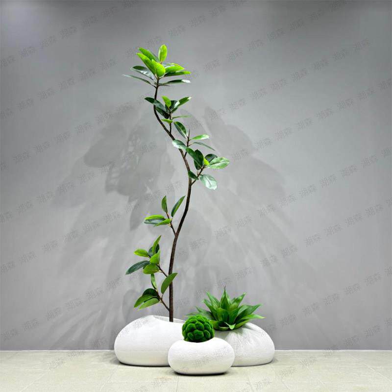 恐龙蛋花器简约白色石头高档花盆客厅仿真绿橡皮黑金刚榕别墅造景