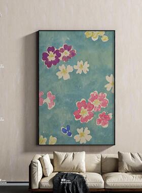 奶油中古风蓝色花卉手绘油画玄关静物复古挂画客厅抽象肌理装饰画