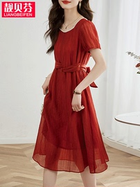 红色珍珠领天丝连衣裙中长款高级感洋气时髦轻熟风夏天裙子