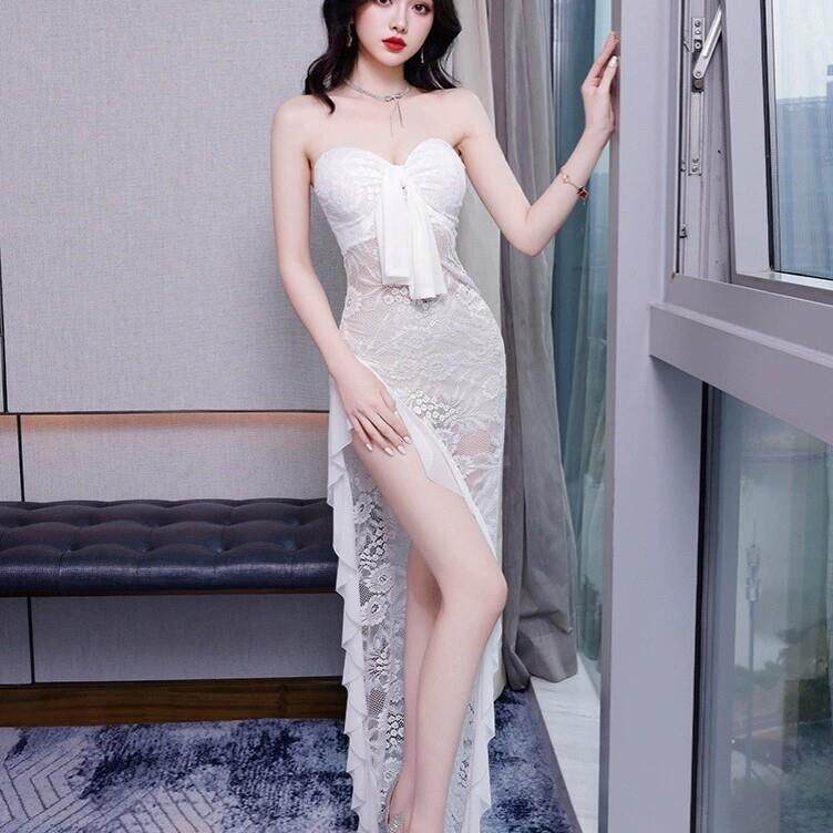 夜透视性感蕾丝小可爱洋装女白色镂空开衩收腰显瘦长裙气质女人味