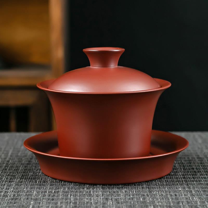 原矿朱泥紫砂盖碗三才杯功夫茶具陶瓷带盖茶碗大号泡茶杯中式纯色