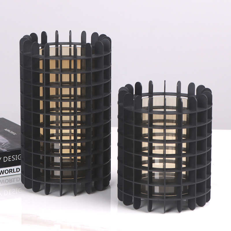 器样板房摆件软现代花瓶装饰品简约镂空几何网格插花金属客厅艺术