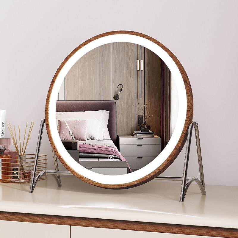 LED化妆镜台式中古风三色灯光胡桃木色大化妆镜桌面led带灯美容镜