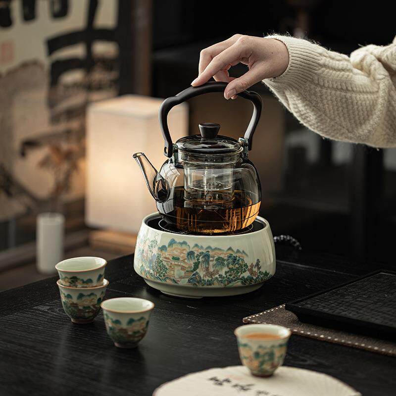 草木灰釉电陶炉家用围炉煮茶室内加厚玻璃煮茶壶养生泡茶壶煮茶器