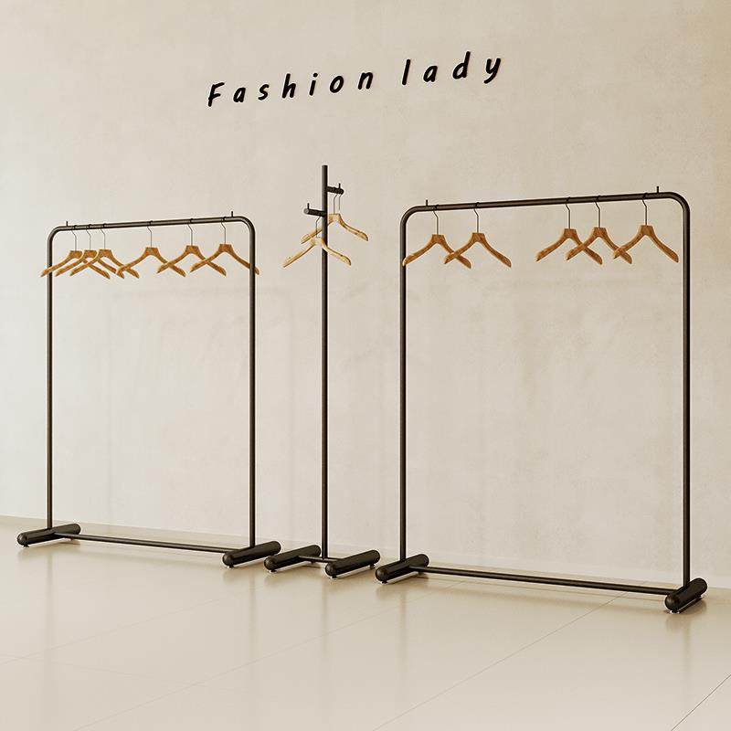 服装店货架简约铁艺黑色落地挂衣架童装陈列架奶白色女装店展示架