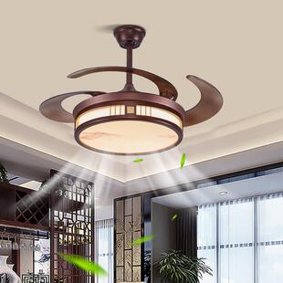 中式 吊扇灯隐形吊扇灯智能带风扇客厅饭厅吊灯实木中山灯具吊扇灯
