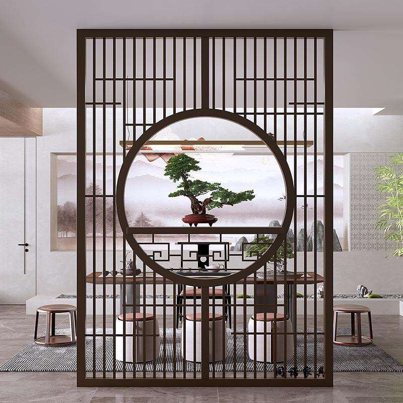 新中式客厅餐厅屏风隔断格栅铁艺入户金属卫生间办公室玄关不锈钢