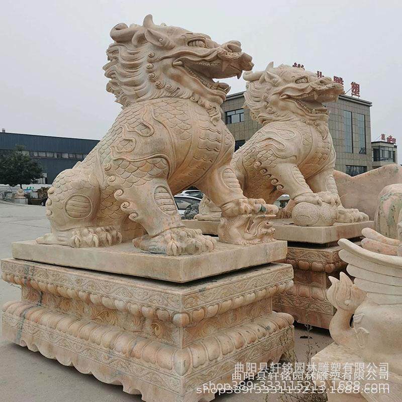 石雕麒麟一对大理石汉白玉瑞兽雕塑摆件石材庭院景观手工中式