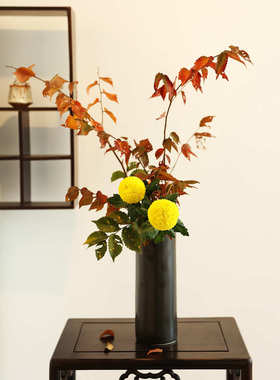 黑色陶瓷直筒瓶中式禅意插花花器富贵竹水培花瓶酒店民宿装饰摆件