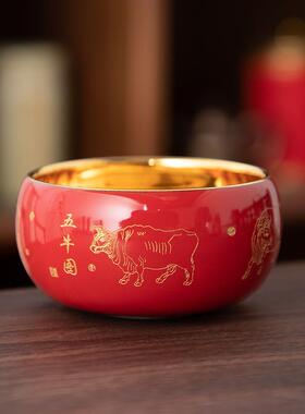 德化陶瓷【茶杯】霁红五牛110ml/鎏金烤花/主人杯品茗杯/个人专用