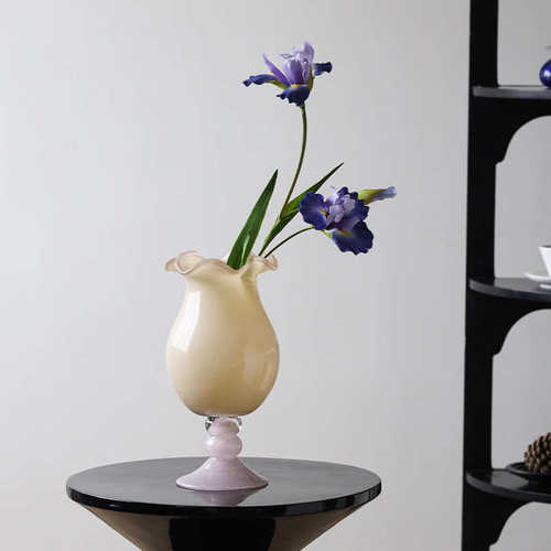 法式中古高脚玻璃花瓶摆件轻奢高级感客厅水养插花装饰样板间摆设