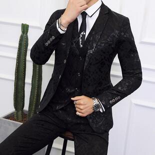 韩版暗花西装三件套装新郎结婚礼服主持人舞台演出西服潮男大尺码