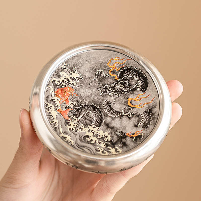 鱼化墨龙999鎏银盖置盖托水墨风单个茶具配件高档茶杯垫托茶壶垫