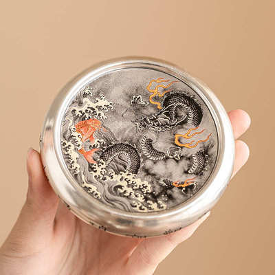 鱼化墨龙999鎏银盖置盖托水墨风单个茶具配件高档茶杯垫托茶壶垫