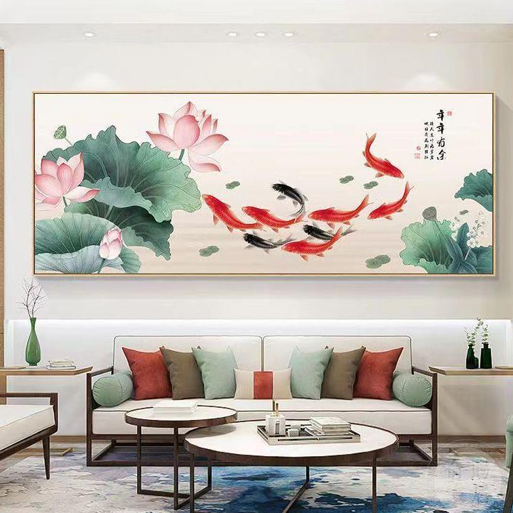 现代轻奢风九鱼图客厅装饰画中式沙发背景挂画走廊卧室壁有框画