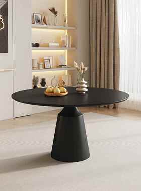 岩板圆形餐桌家用小户型极简纯黑圆桌带转盘纯白饭桌恰谈桌高端桌