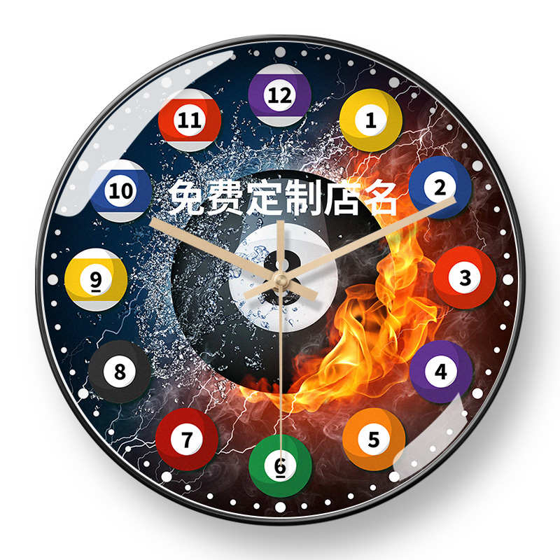 ◖台球钟表桌球俱乐部定 制挂钟logo店名现代自动对时钟挂表静音
