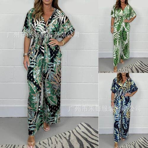 Women's printed wide leg jumpsuit 女装印花阔腿连体裤