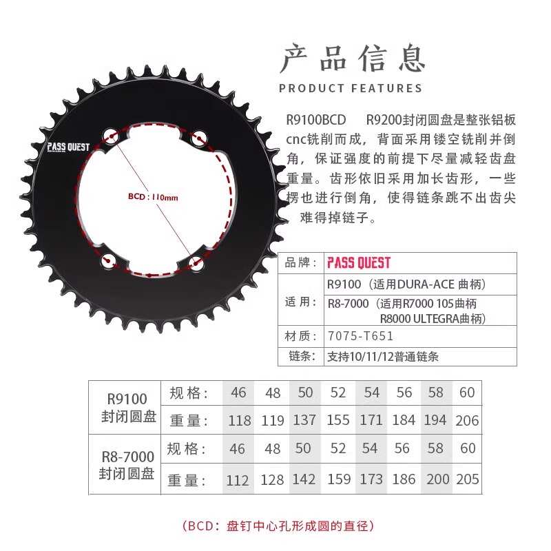 PASS QUEST R8-7000迈金功率计四爪曲柄牙盘110BCD专用公路车盘片