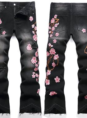 Men's micro flared jeans embroidered plum blossom non