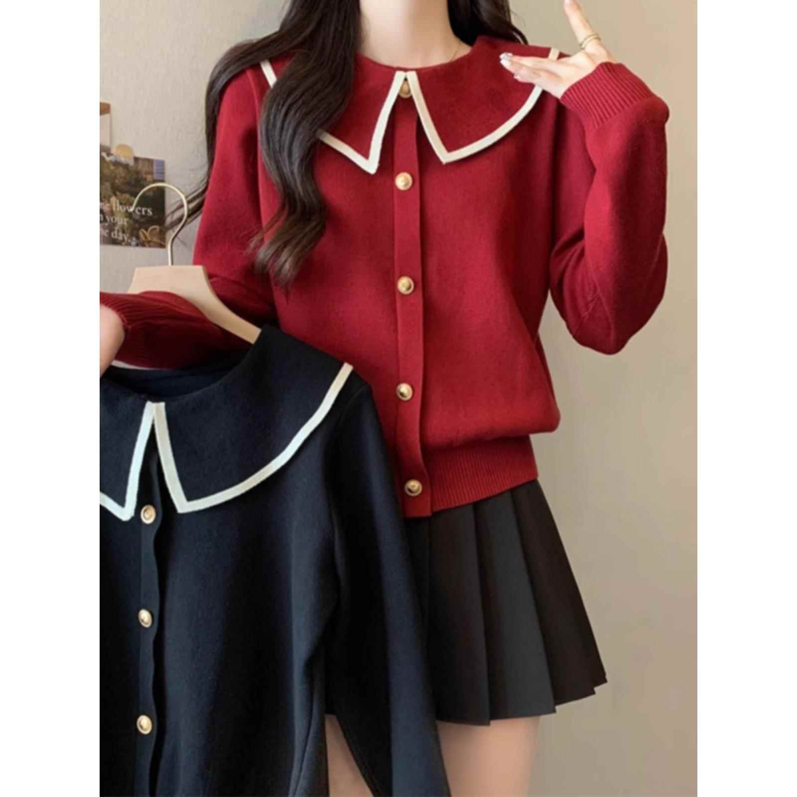 秋冬大码女装显瘦红色毛衣女2025新款娃娃领上衣针织打底衫1204z