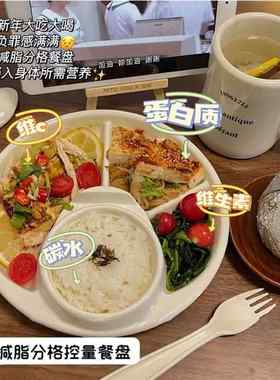 网红日式陶瓷减脂定量盘分格餐盘大人减肥碗家用早餐具三格分餐盒