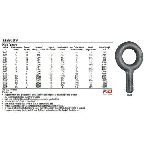 美制吊环螺栓 Plain Pattern Eye Bolt 3⁄8in EB-3T