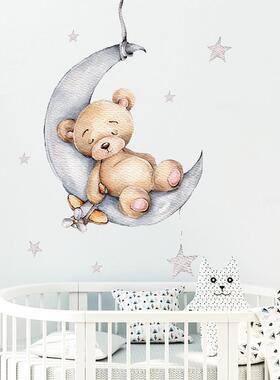 Cartoon Teddy Bear Sleeping on the Moon and Stars Wall Stick