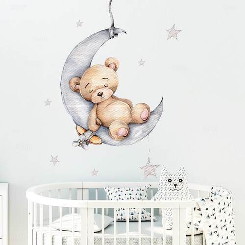 Cartoon Teddy Bear Sleeping on the Moon and Stars Wall Stick