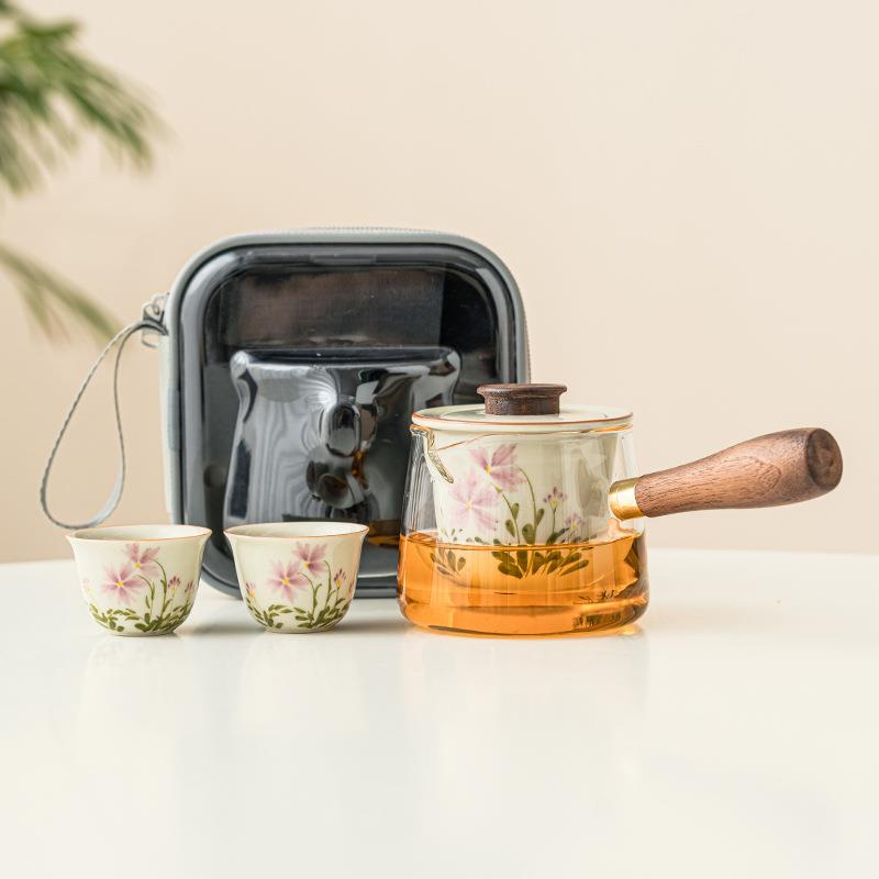 小雏菊手绘旅行茶具便携式陶瓷一壶两杯小套装中式玻璃茶具侧把壶