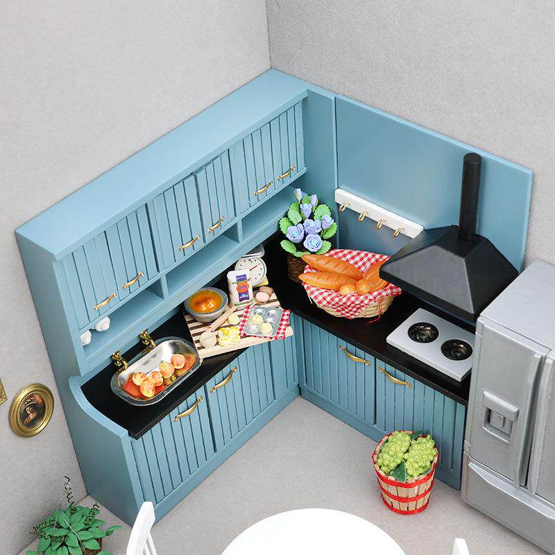 1:12dollhouse娃娃屋厨房场景模型雾霾蓝欧式厨房两件套