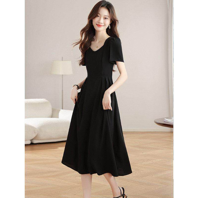 法式气质显瘦小黑裙女夏季2026新款收腰雪纺短袖连衣裙A字长裙子
